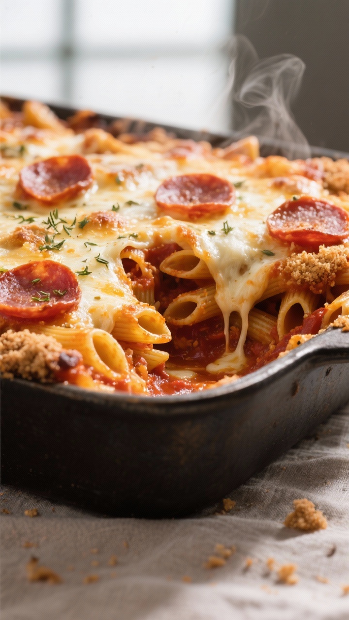 Budget-Friendly Leftover Pasta Sauce Recipes the Whole Family Loves: Turn Last Night’s Sauce into Tonight’s Hero Close-up detail: Golden, bubbly Pizza Pasta Bake just out of the oven, layers of marinara-coated pen