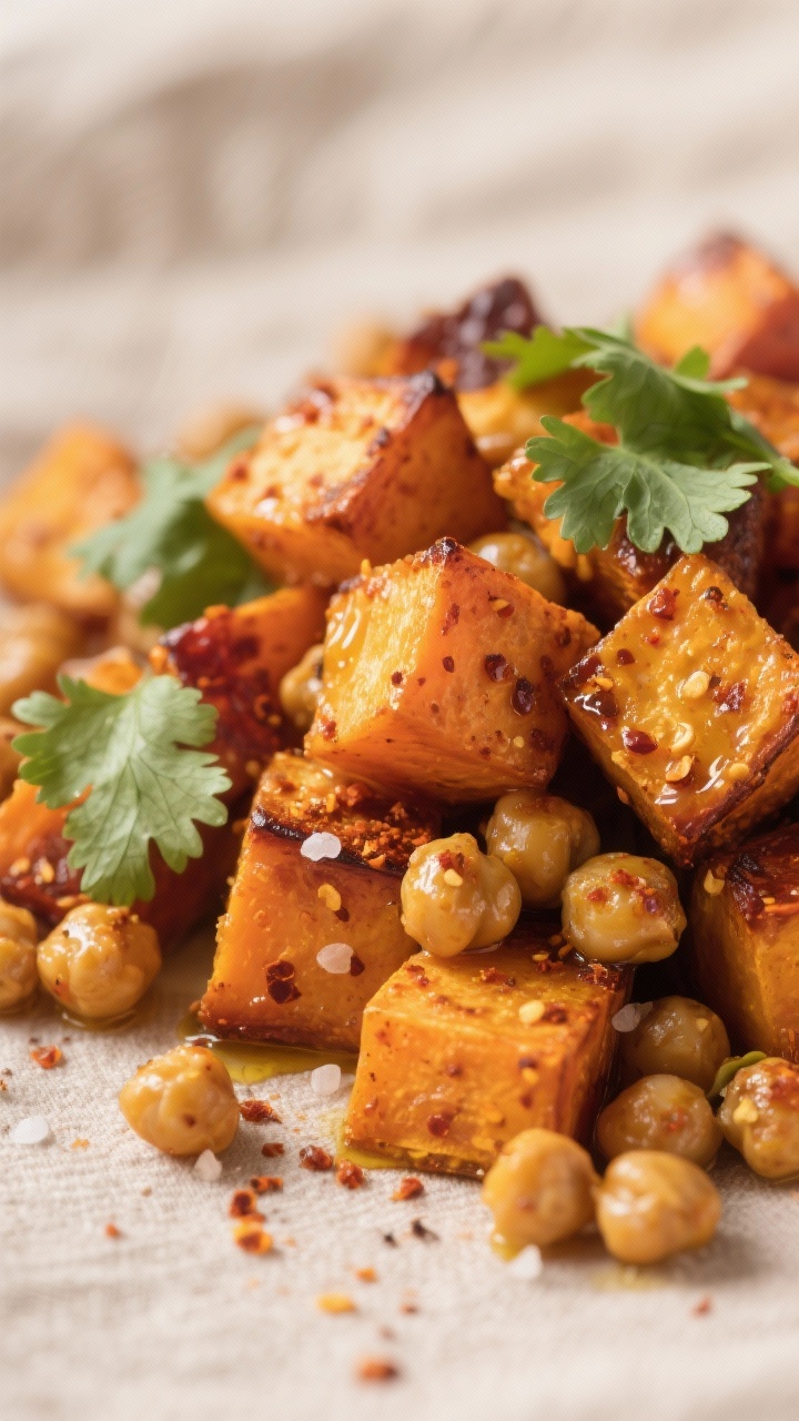 Close-up detail: Golden chili-dusted roasted sweet potato cubes and crisped cumin chickpeas piled to