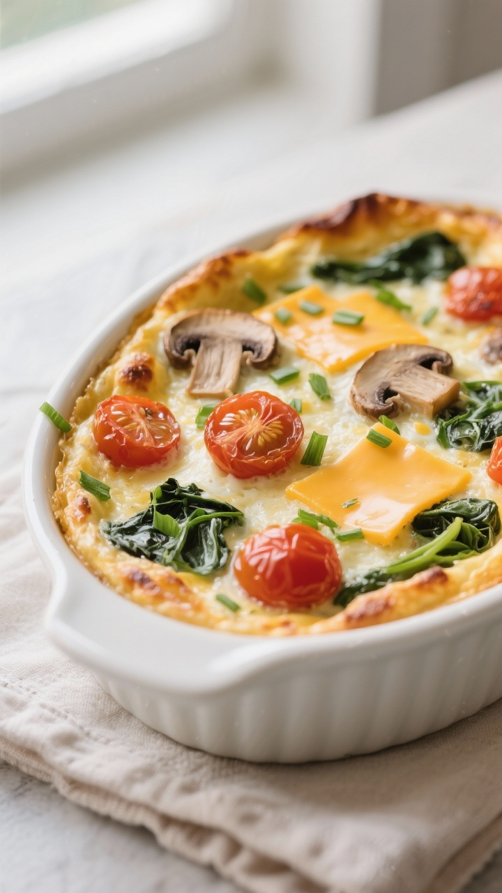 Close-up detail: Golden-edged vegetable egg casserole just out of the oven, showing fluffy egg custa