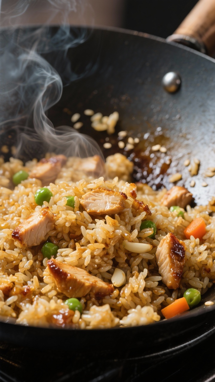 Close-up detail: Golden, garlicky chicken fried rice sizzling in a wok at high heat, rice pressed ag