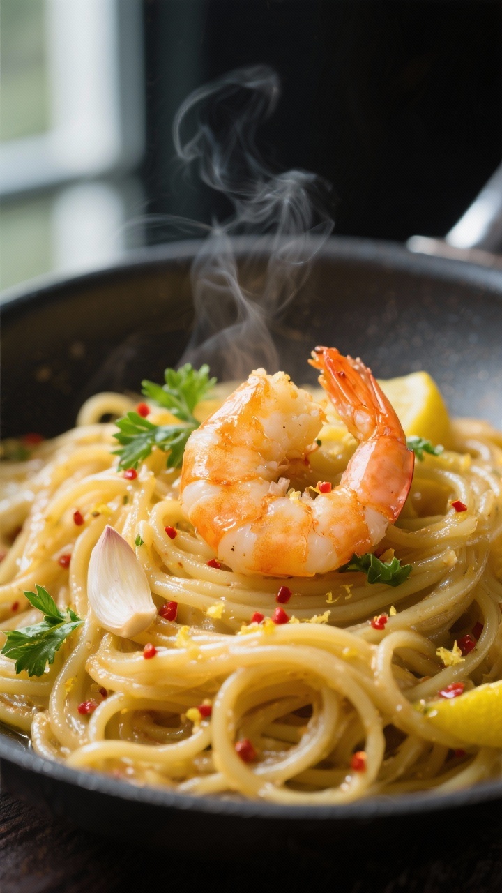 Close-up detail: Golden, just-cooked shrimp nestled among glossy spaghetti strands, tiny flecks of r