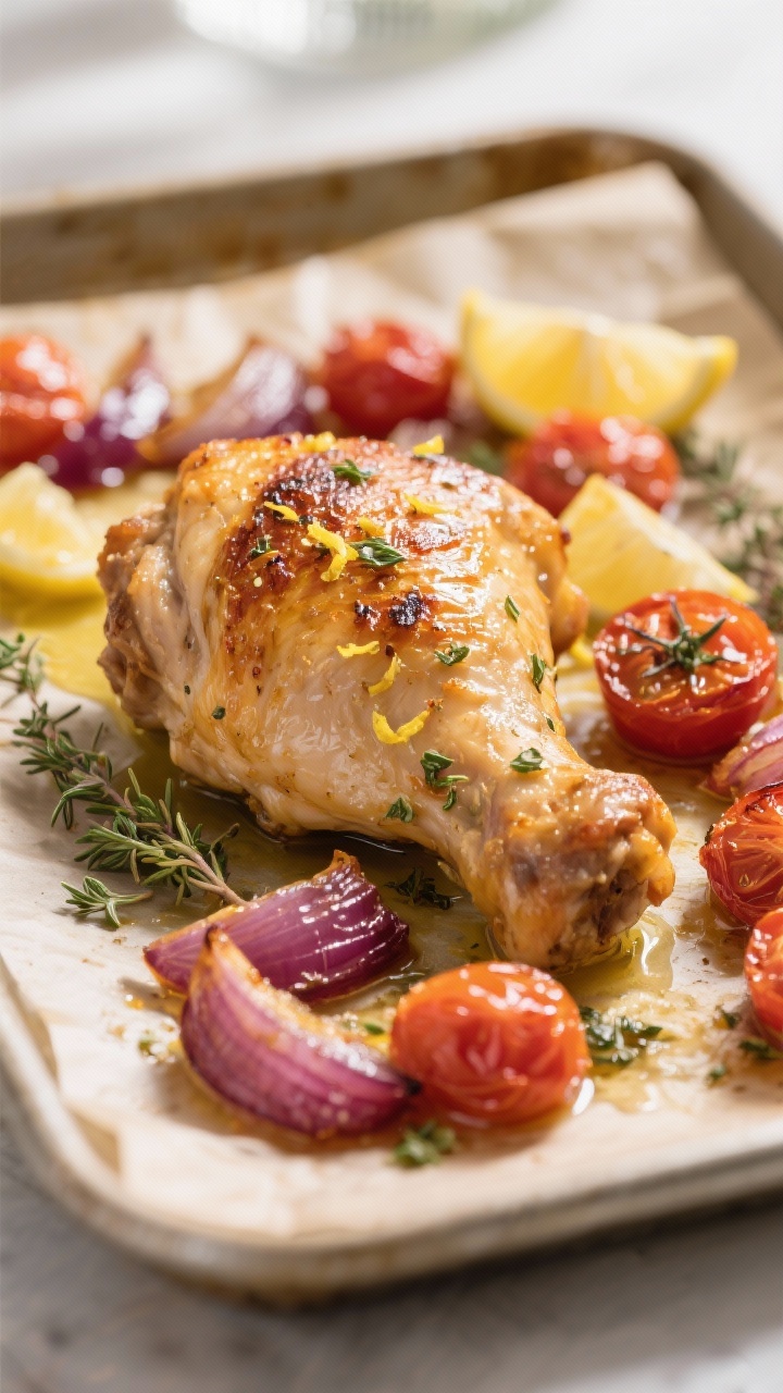 Close-up detail: Golden-roasted lemon herb chicken thigh with blistered cherry tomatoes and carameli