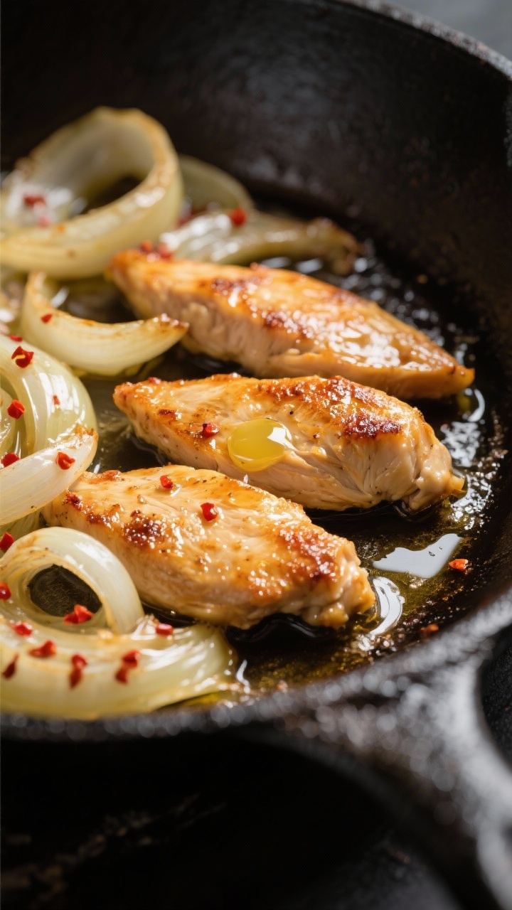 Close-up detail: Golden-seared chicken strips in a skillet, glistening with olive oil and butter, fo