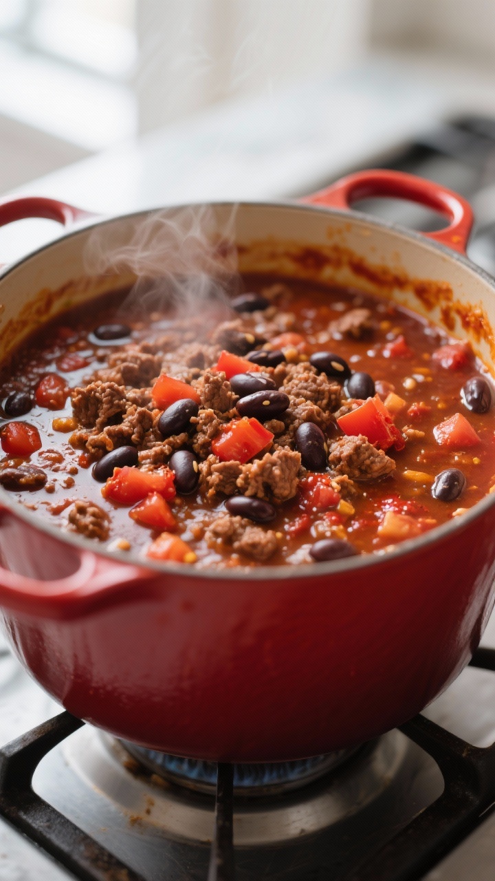 Close-up detail: Hearty budget chili simmering in a Dutch oven, surface bubbling gently with visible