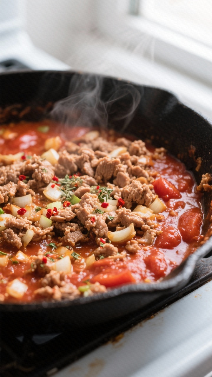 Close-up detail: In-pan shot of browned ground turkey with diced onion, garlic, and Italian seasonin