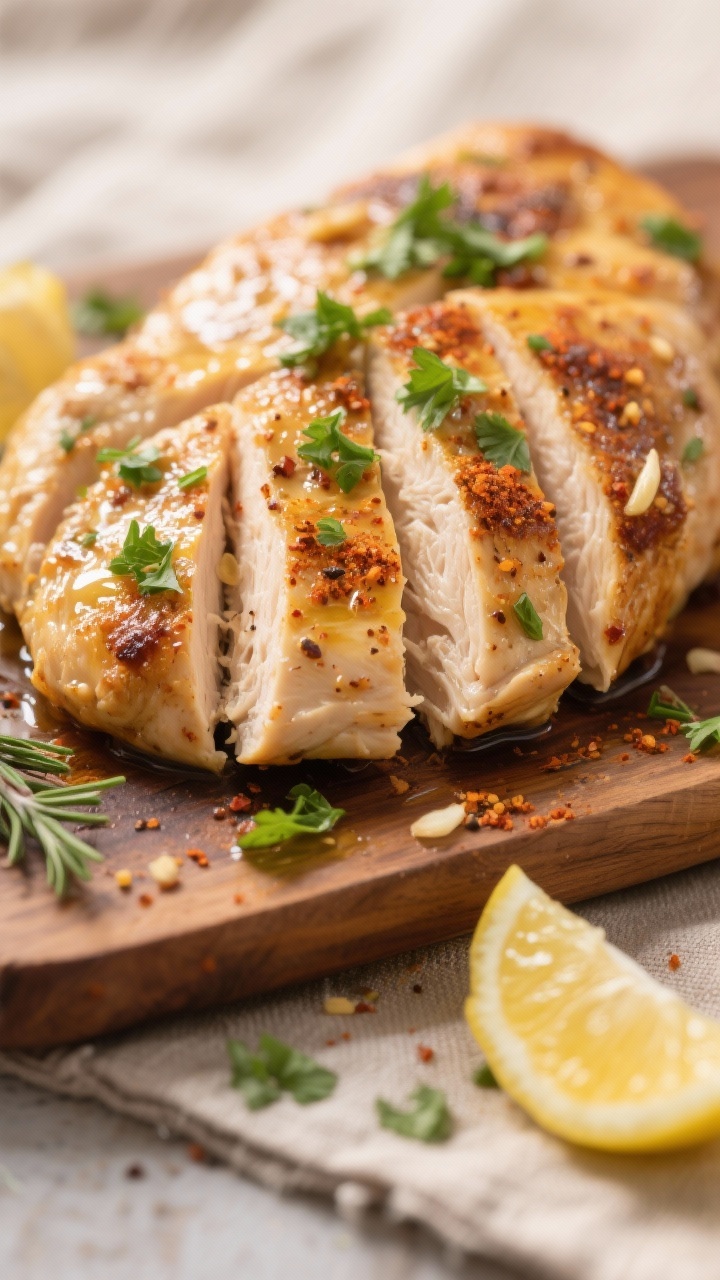 Close-up detail: Juicy air-fried chicken breast just sliced against the grain, glistening with olive