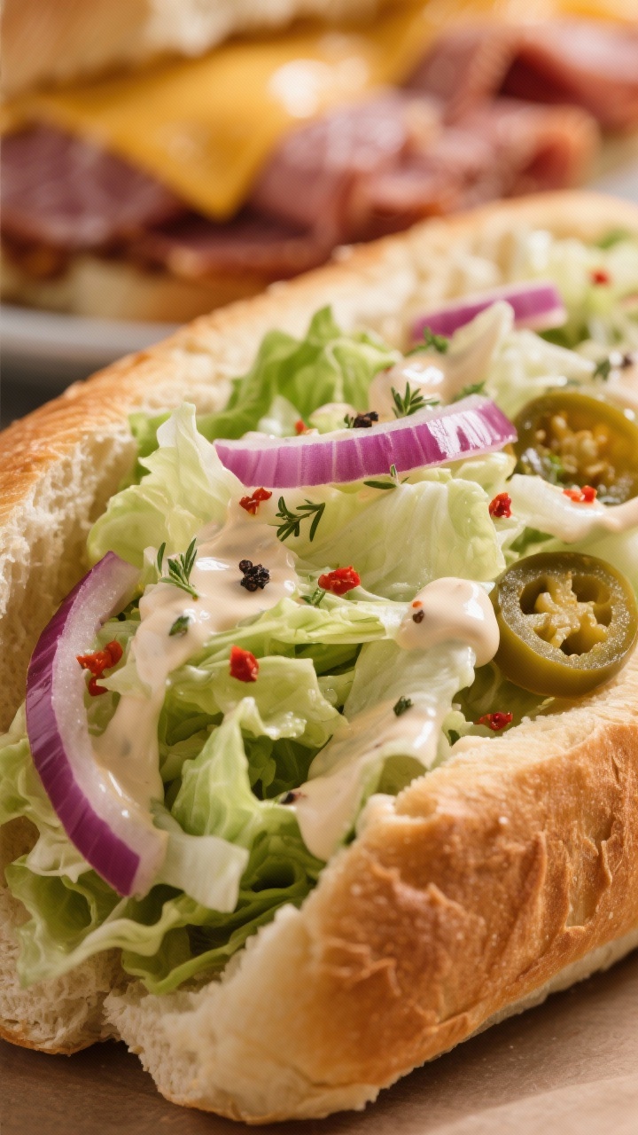 Close-up detail: Juicy grinder salad piled high inside the toasted roll—shredded iceberg lettuce l