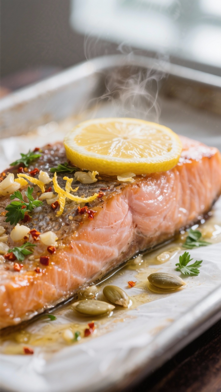 Close-up detail: Lemon-garlic roasted salmon just out of the oven, flaky pink flesh with glistening 