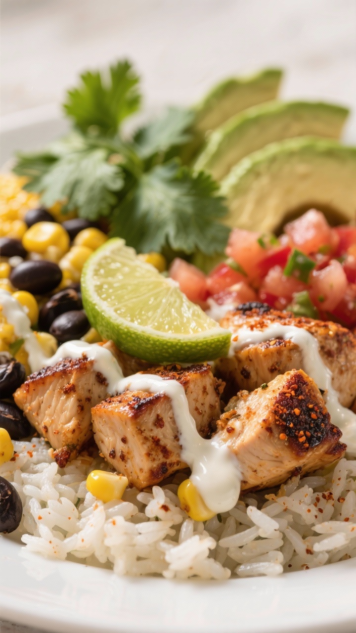 Close-up detail: Macro close-up of Chipotle-Lime chicken bites nestled over rice, showing juicy text