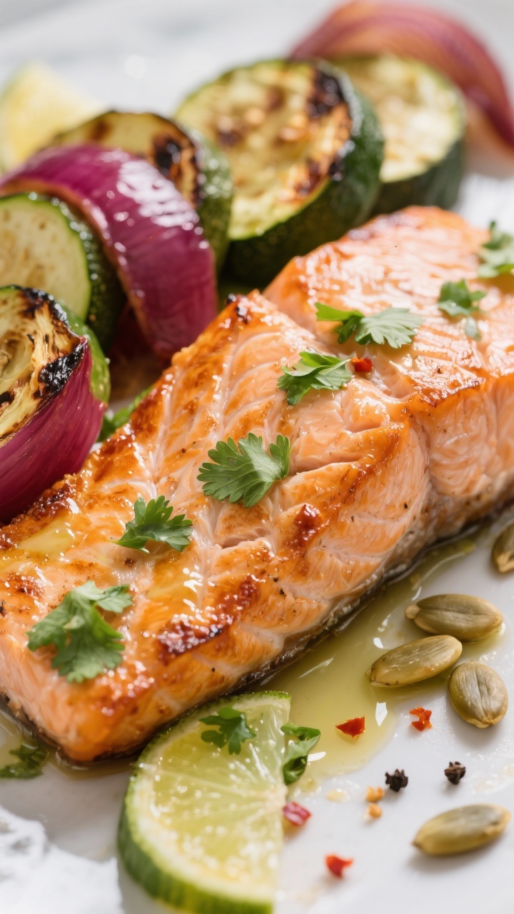 Close-up detail: Macro shot of salmon fillet just out of the oven with crisped skin and juicy flakes
