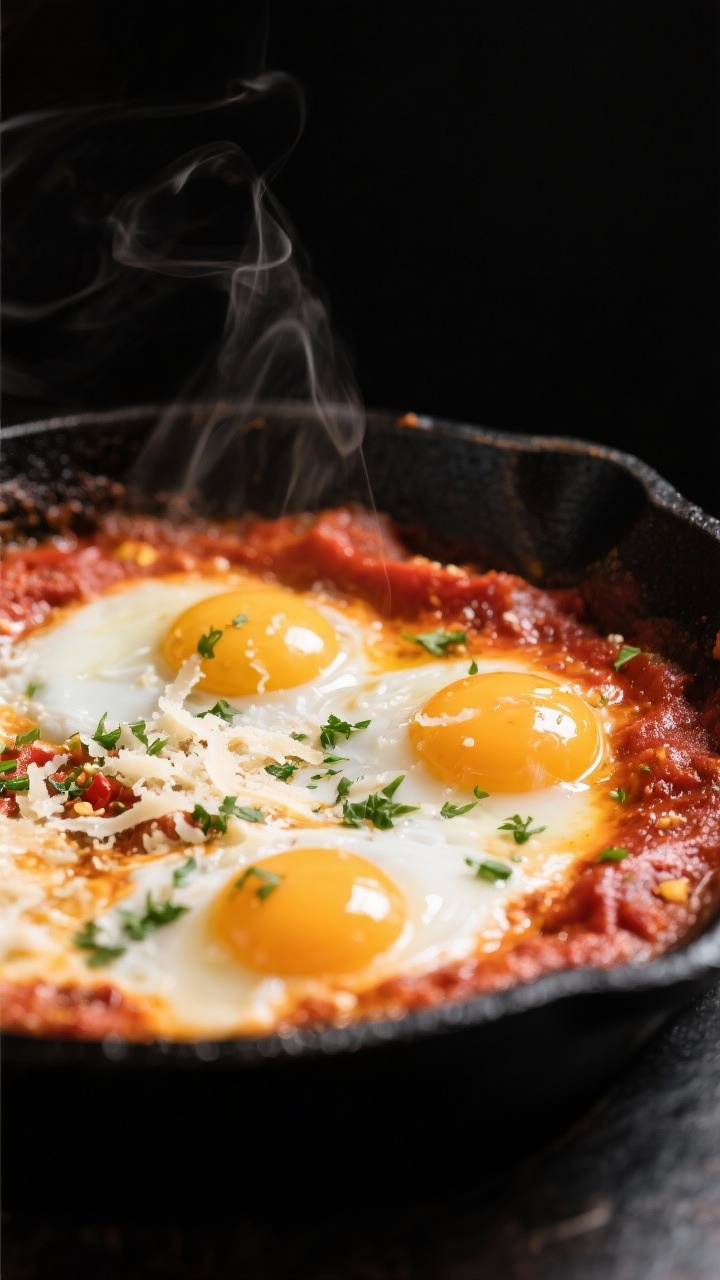 Close-up detail: Marinara shakshuka in a black skillet, eggs nestled in bubbling, thick tomato sauce