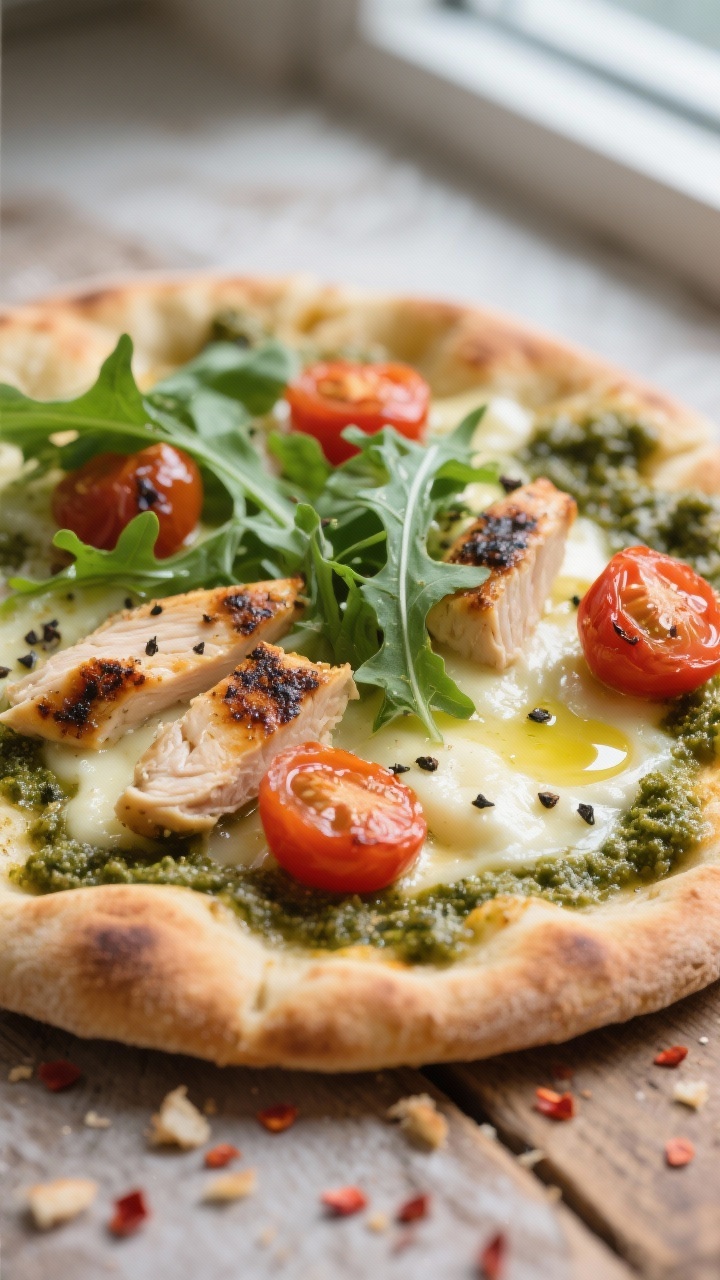Close-up detail: Melty chicken pesto flatbread on warm naan, blistered cherry tomatoes and sliced le
