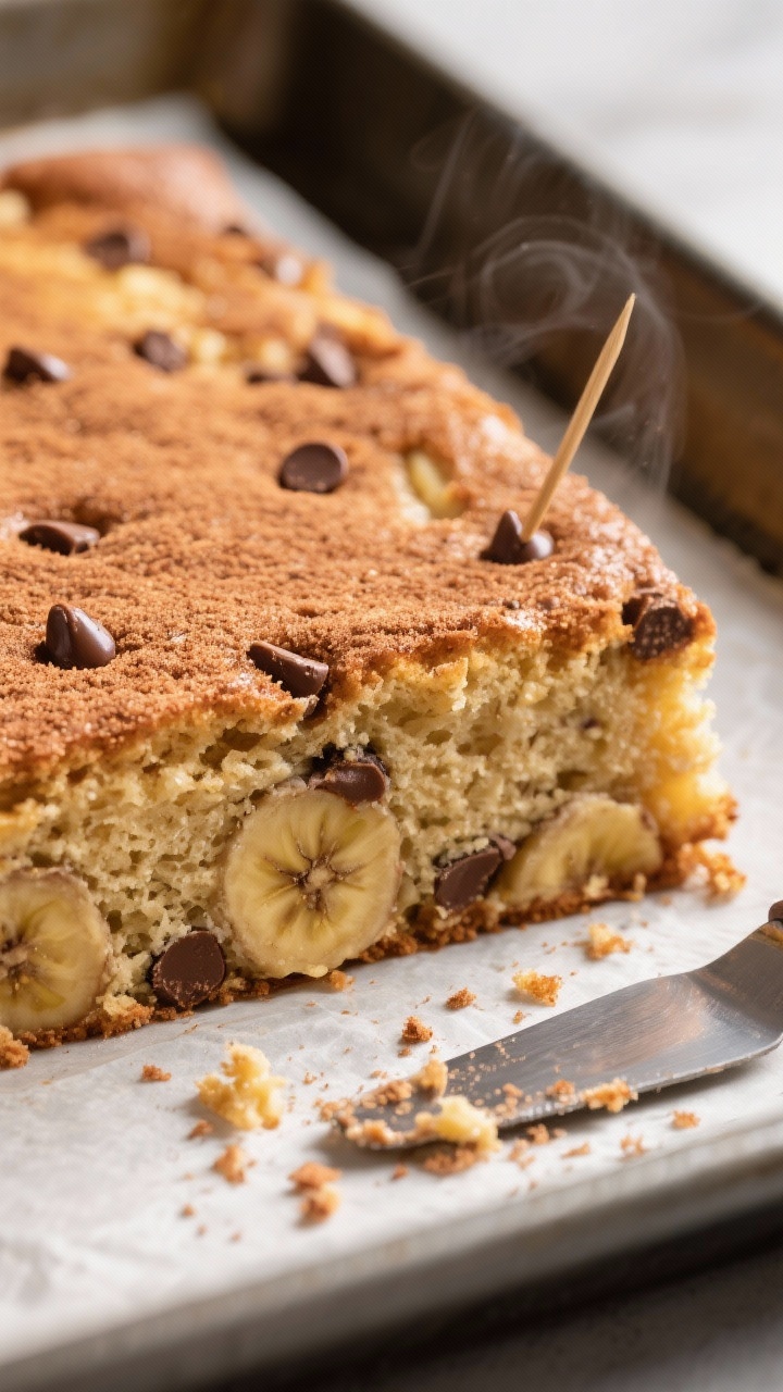Close-up detail: Moist banana slice square just out of the pan, showing a plush, tender crumb with t