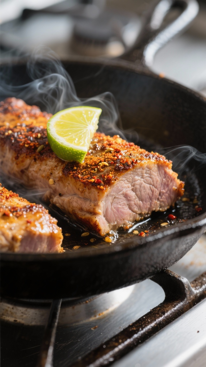 Close-up detail of crispy leftover pork tenderloin sizzling in a hot skillet, edges caramelized and 
