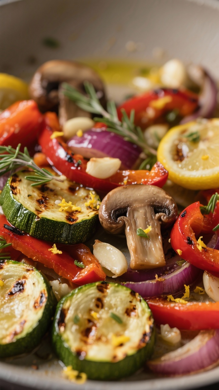 Close-up detail of tender veg finishing on the pan: blistered zucchini coins, glossy mushrooms, red 