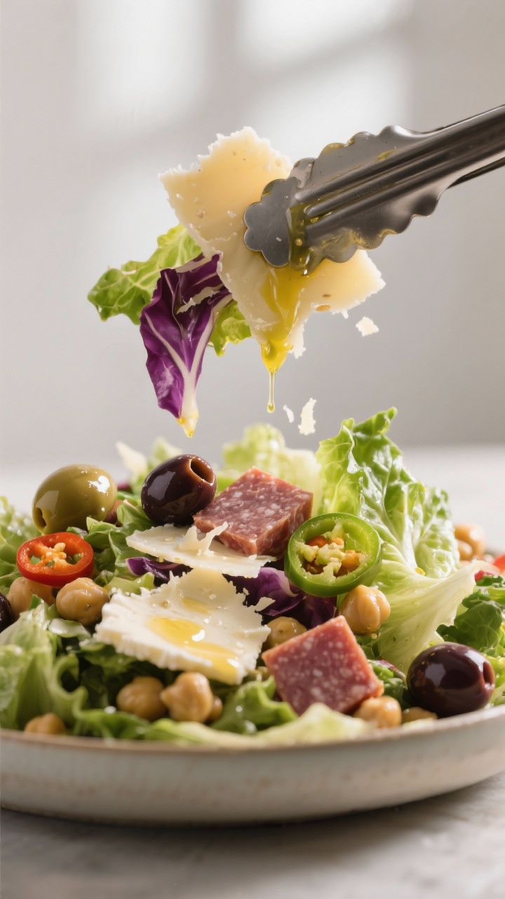 Close-up detail of the salad mid-toss: tongs lifting a bite that shows layered textures—crunchy ro