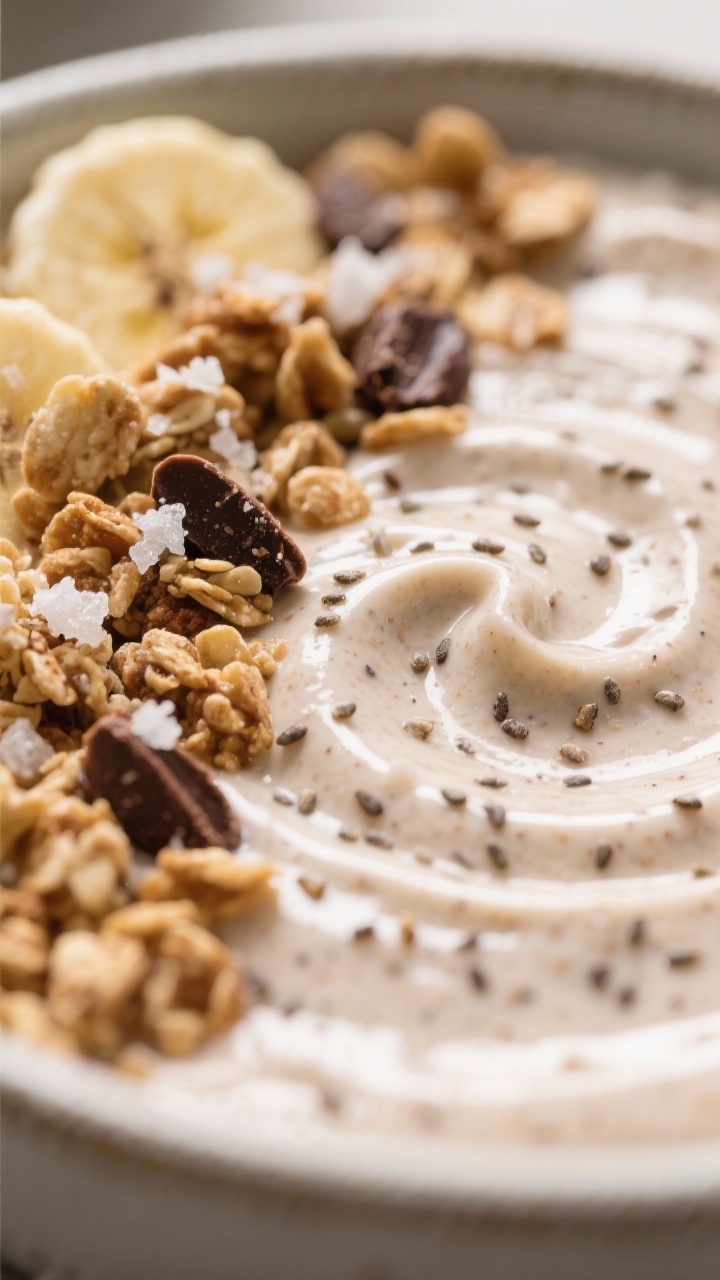 Close-up detail of the smoothie bowl surface showing ultra-creamy, frozen-banana base with tiny chia