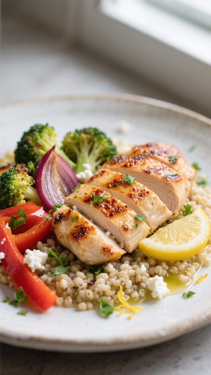 Close-up detail: Pan-seared lemon-herb chicken sliced on a bed of fluffy quinoa, with charred edges 