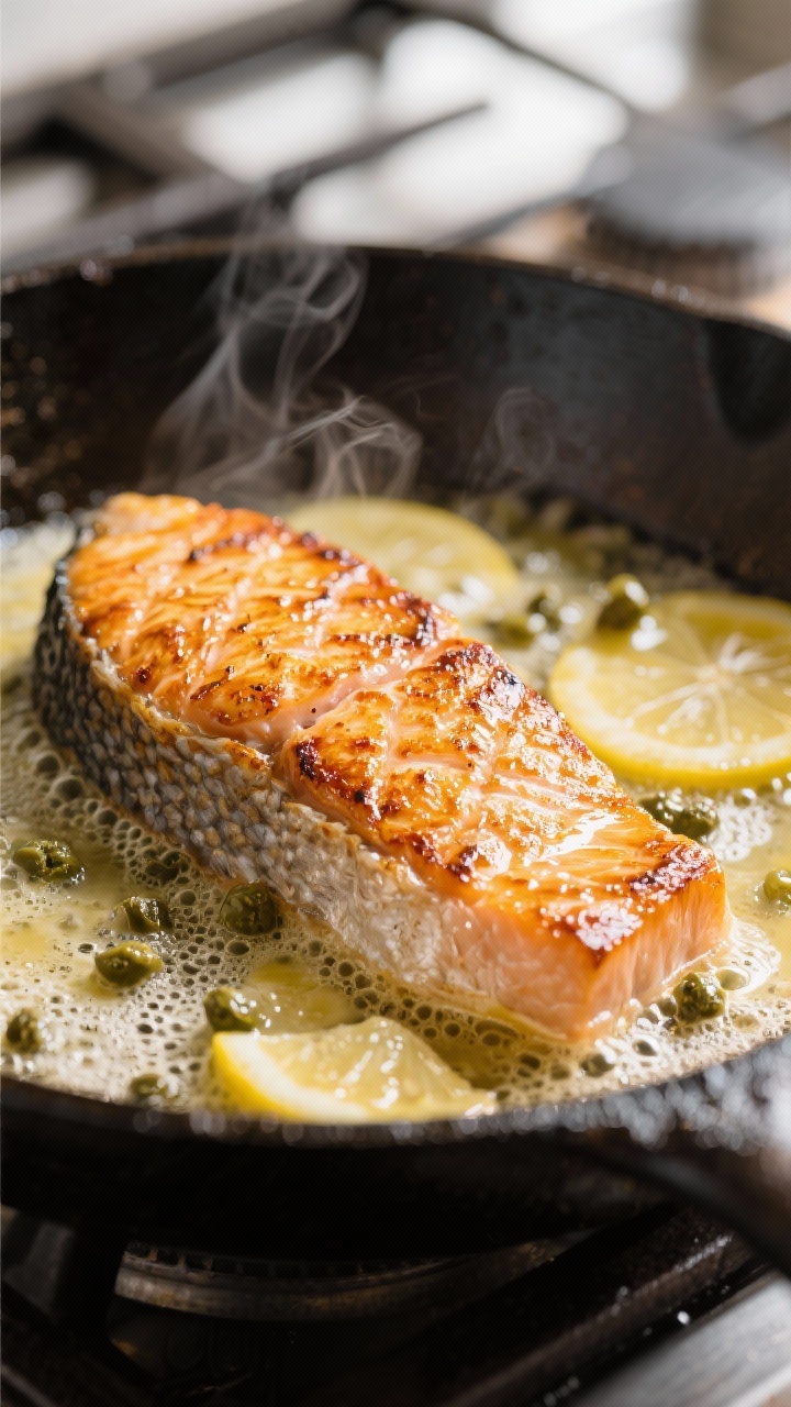 Close-up detail: Pan-seared salmon just flipped, skin-side up with ultra-crisp, blistered skin and v