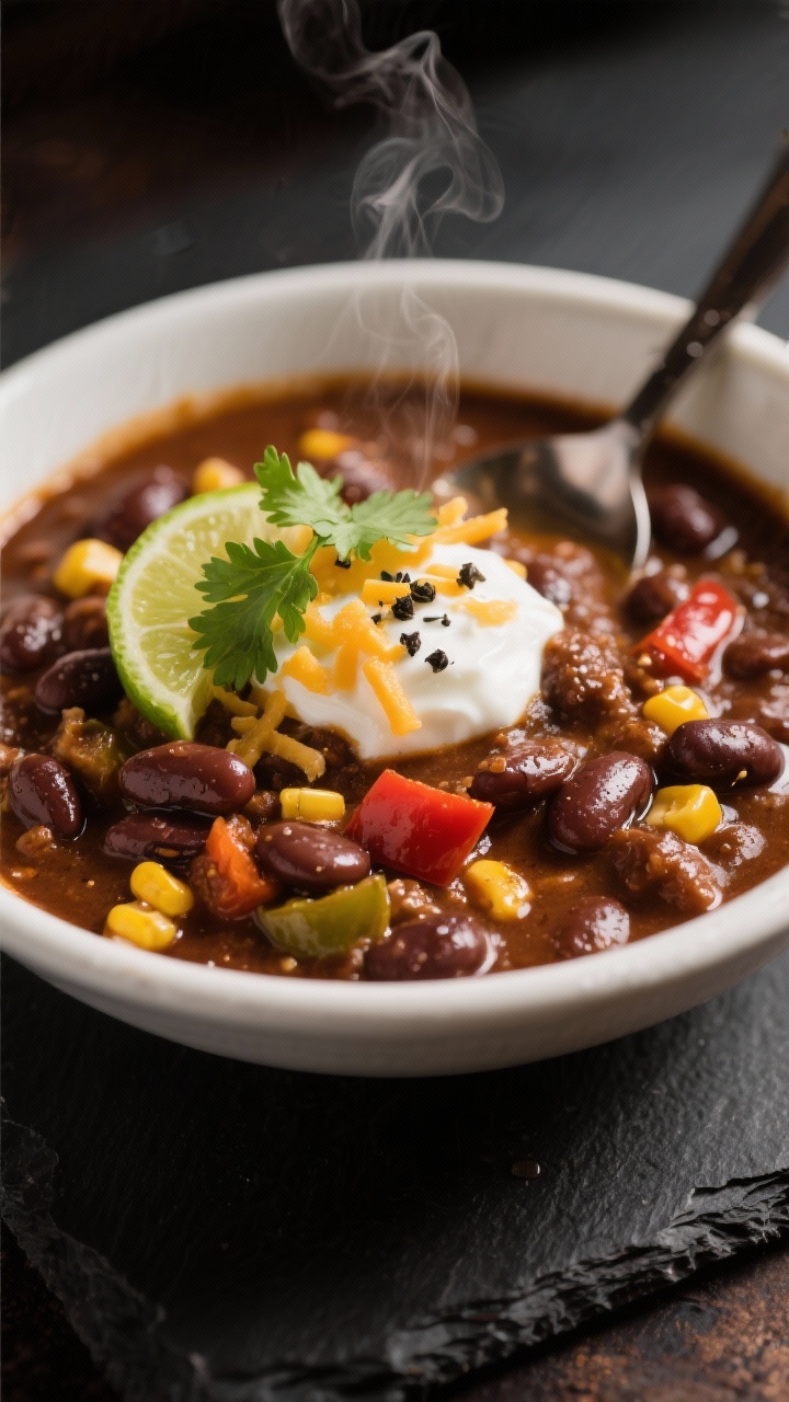 Close-up detail – Plated chili with texture: Tight, three-quarter close-up of a single bowl of chi