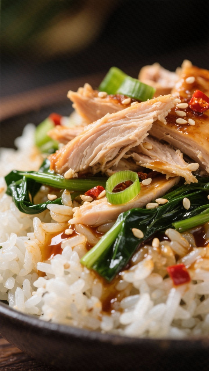 Close-up detail – sauced rice and chicken: Macro close-up of hot jasmine rice tossed with soy sauc