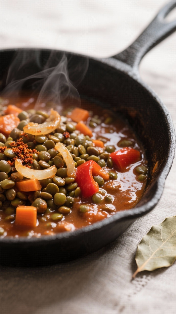 Close-up detail: Saucy brown/green lentils simmered with caramelized onion, carrot, and red bell pep