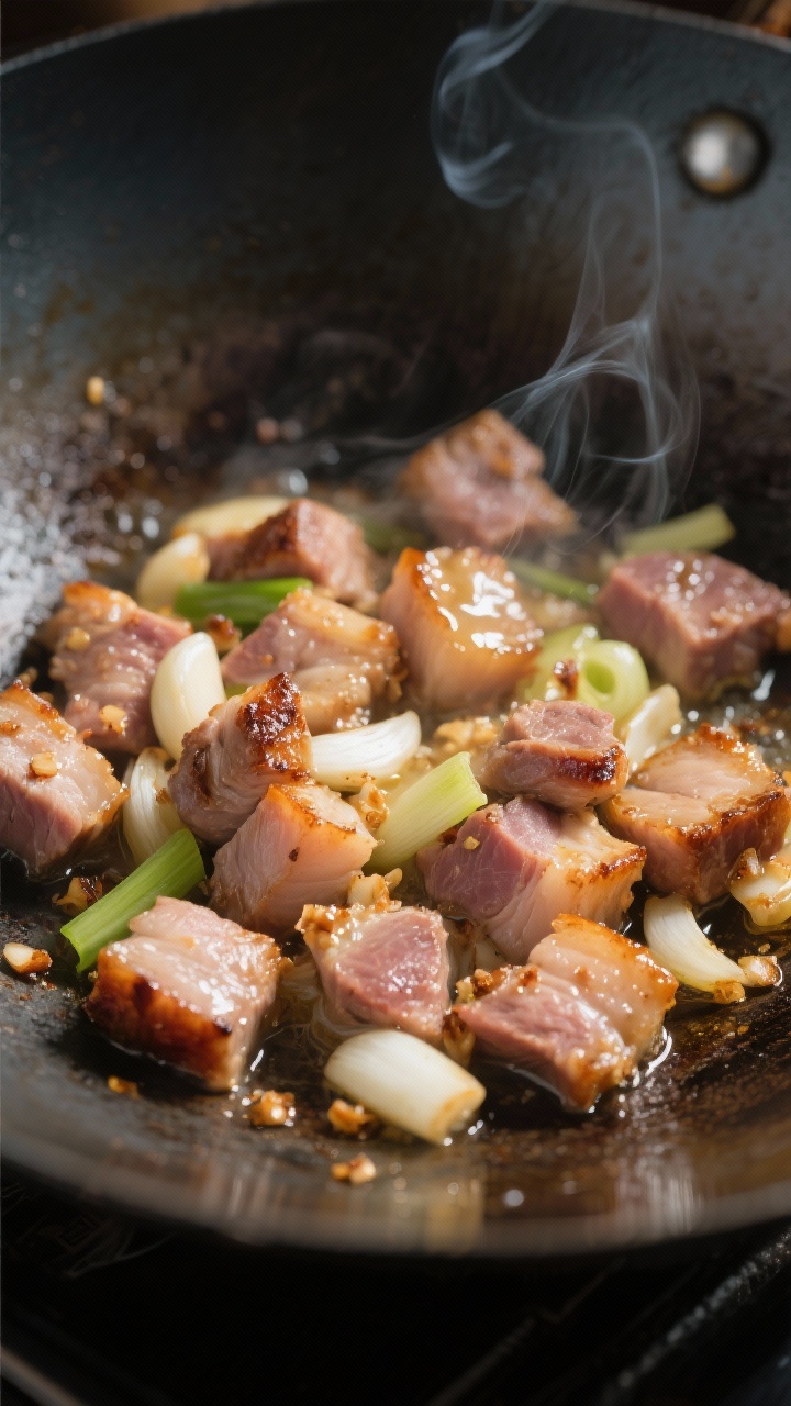 Close-up detail: Searing diced leftover pork tenderloin in garlic butter in a wok, caramelized edges