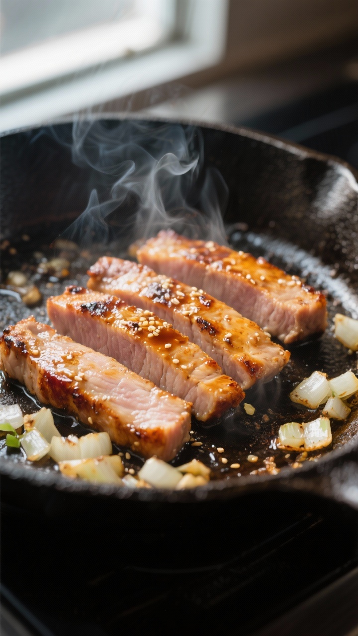 Close-up detail: Searing pork tenderloin strips in a cast-iron skillet at high heat, golden-brown ed