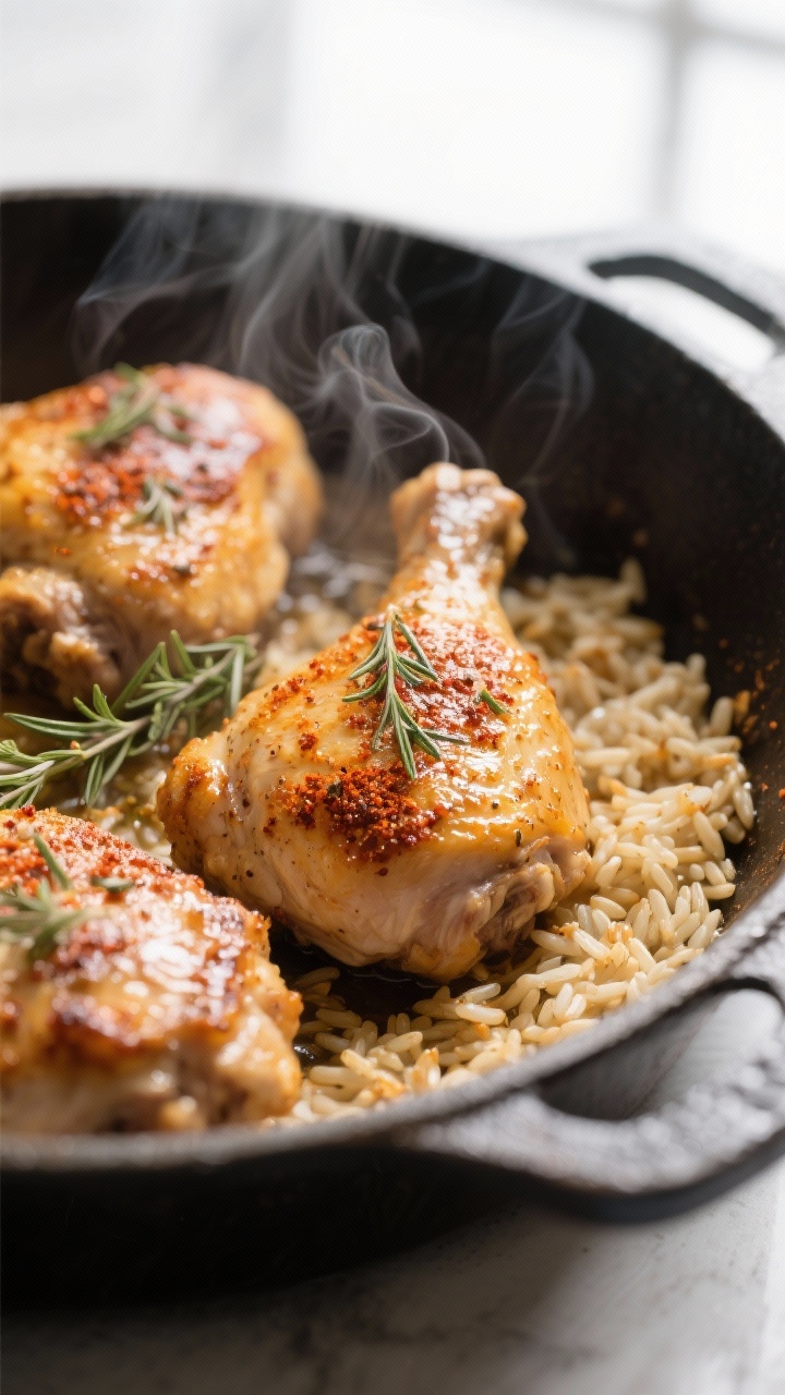 Close-up detail: Searing seasoned chicken thighs in a heavy pot, golden-brown crust with visible smo