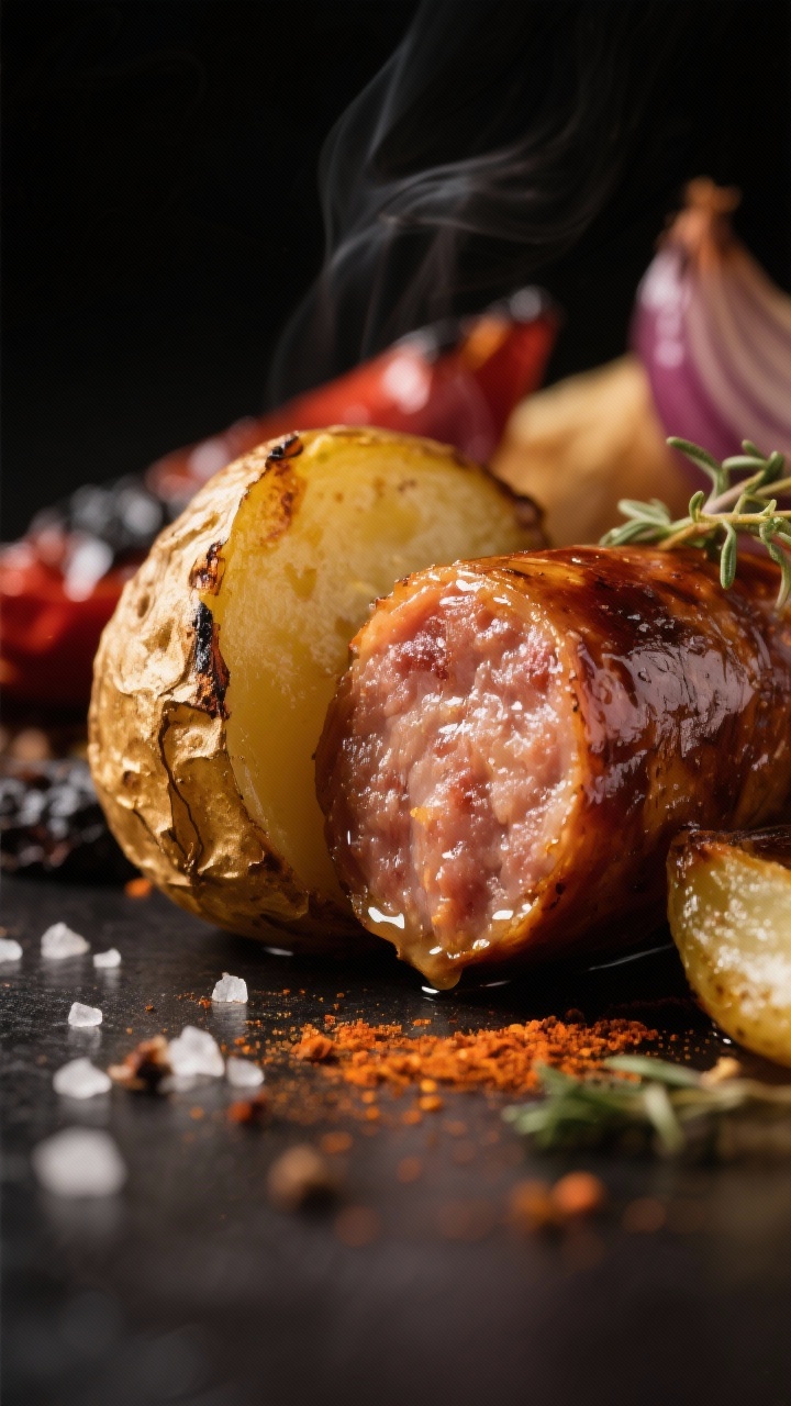 Close-up detail, shallow depth: Macro shot of a golden, blistered chunk of Sweet Italian sausage wit