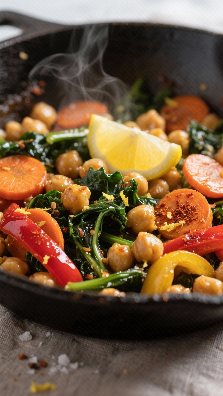 Cheap Whole Food Meals for Moms: Clean Eating On A Budget That Actually Tastes Amazing Close-up detail: Shallow depth-of-field shot of the lemony chickpea and veggie skillet just after th