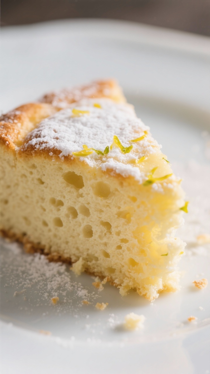 Close-up detail shot: A just-baked Italian ricotta cake slice with a plush, custardy crumb and fine,
