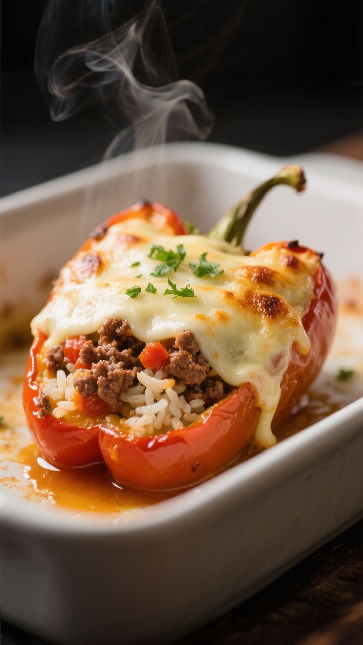 Close-up detail shot of a baked stuffed bell pepper just out of the oven: gooey mozzarella and Monte