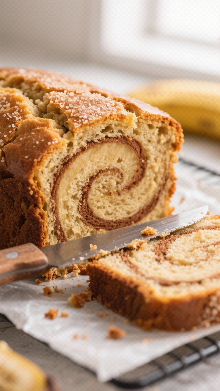Close-up detail shot of a freshly sliced banana bread loaf showing a plush, tender crumb with a dist