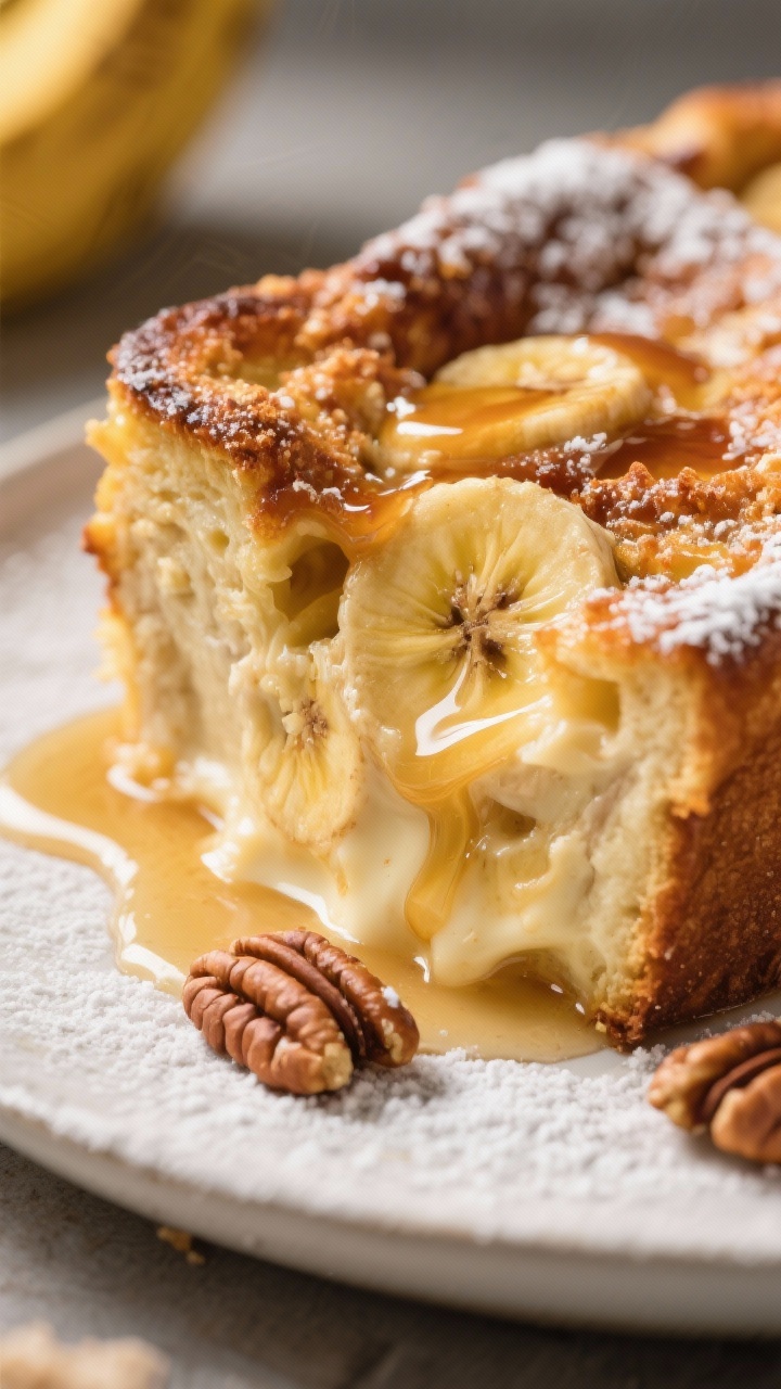 Close-up detail shot of a slice scooped from the Banana French Toast Bake, showcasing a custardy, pu
