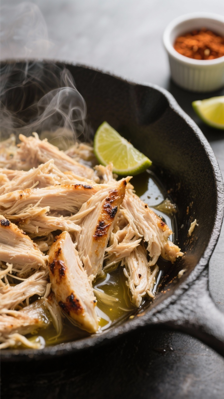 Close-up detail: Shredded leftover grilled chicken being gently revived in a skillet with a splash o
