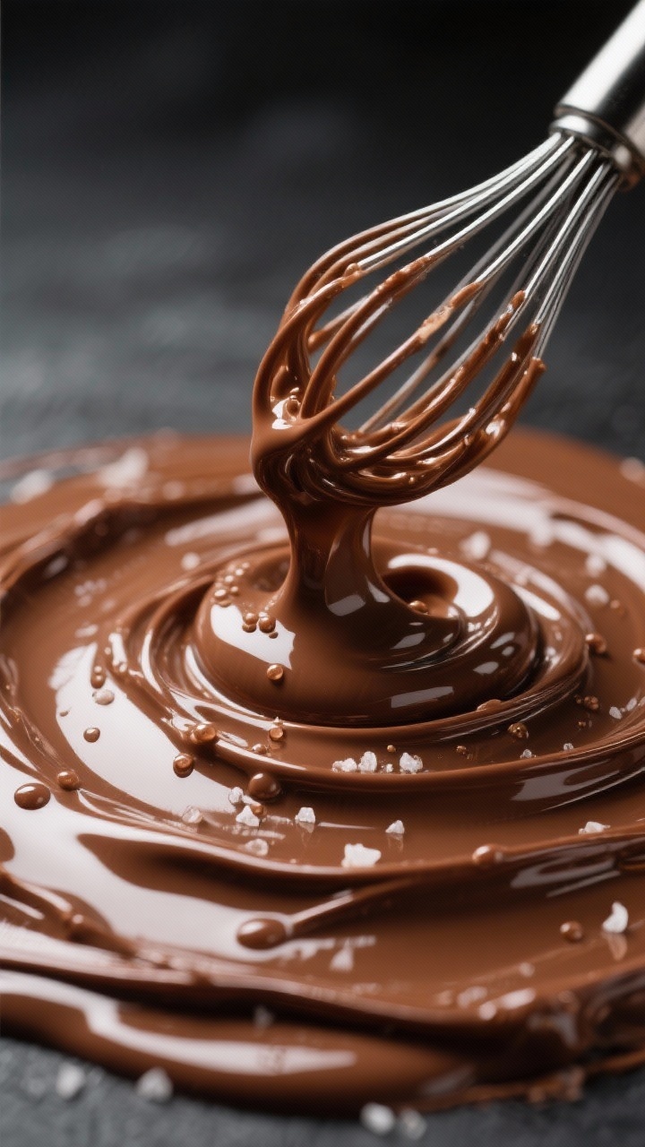 Close-up detail: Silky ganache being whisked from the center outward into a flawless, mirror-gloss t