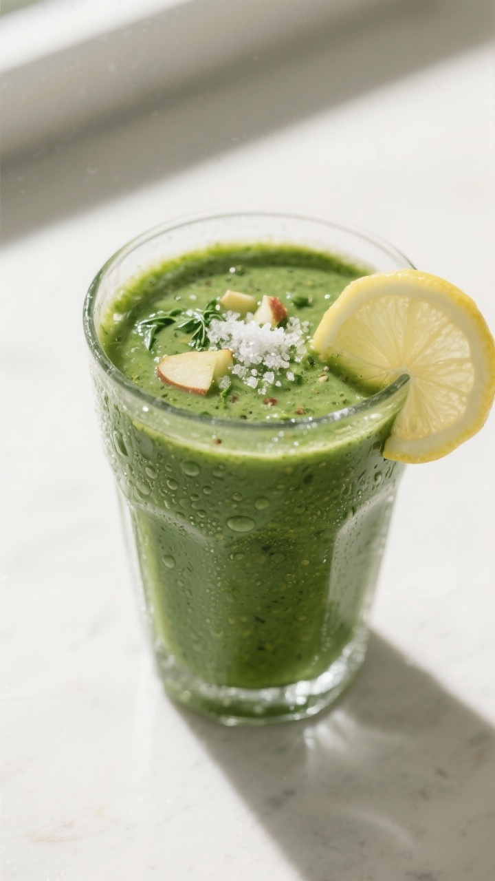 Close-up detail: Silky green smoothie just finished blending, poured into a chilled clear glass with