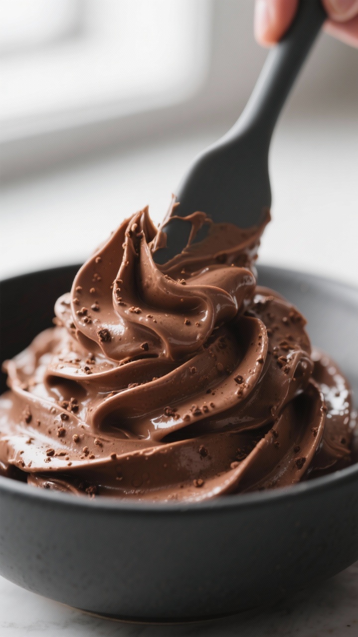 Close-up detail: Silky keto chocolate mousse being gently folded with a rubber spatula, showing glos