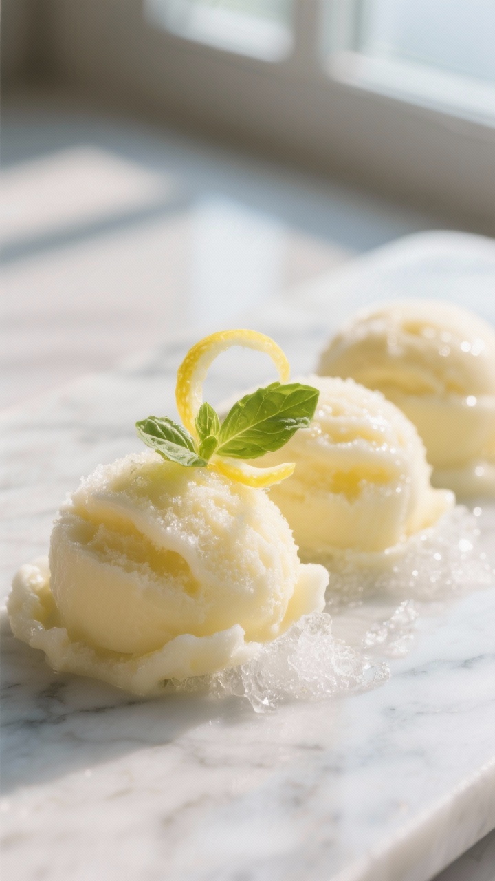Close-up detail: Silky lemon sorbet scooped into soft snow-like quenelles, micro-ice crystals gliste