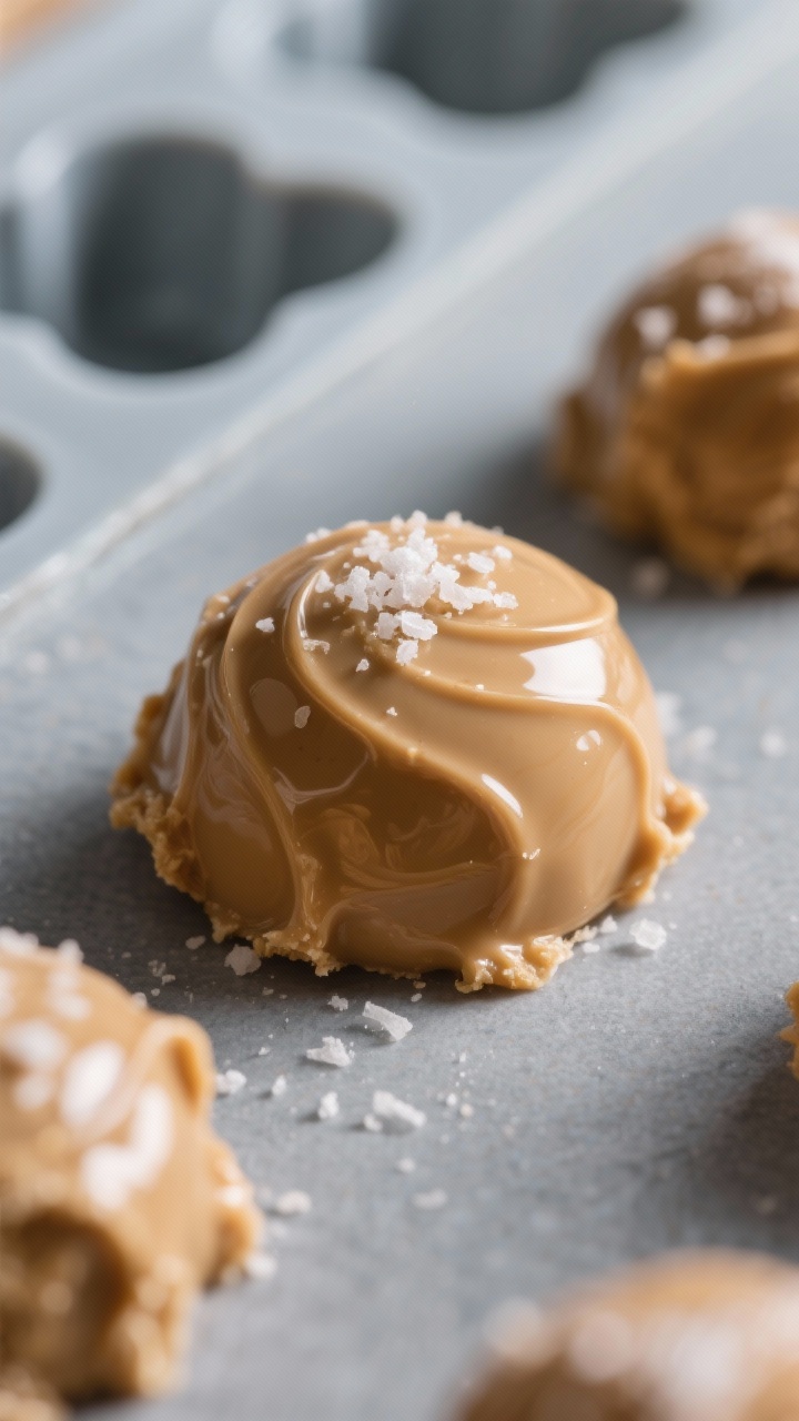 Close-up detail: Silky peanut butter fat bombs just set and popped from a silicone mold, glossy surf