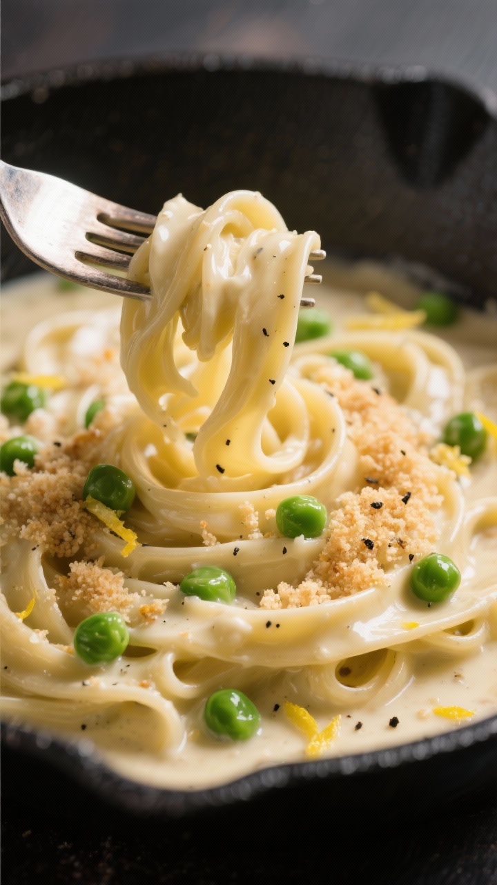 Close-up detail: Silky revived Alfredo pasta twirled on a fork hovering over a skillet, glossy cream