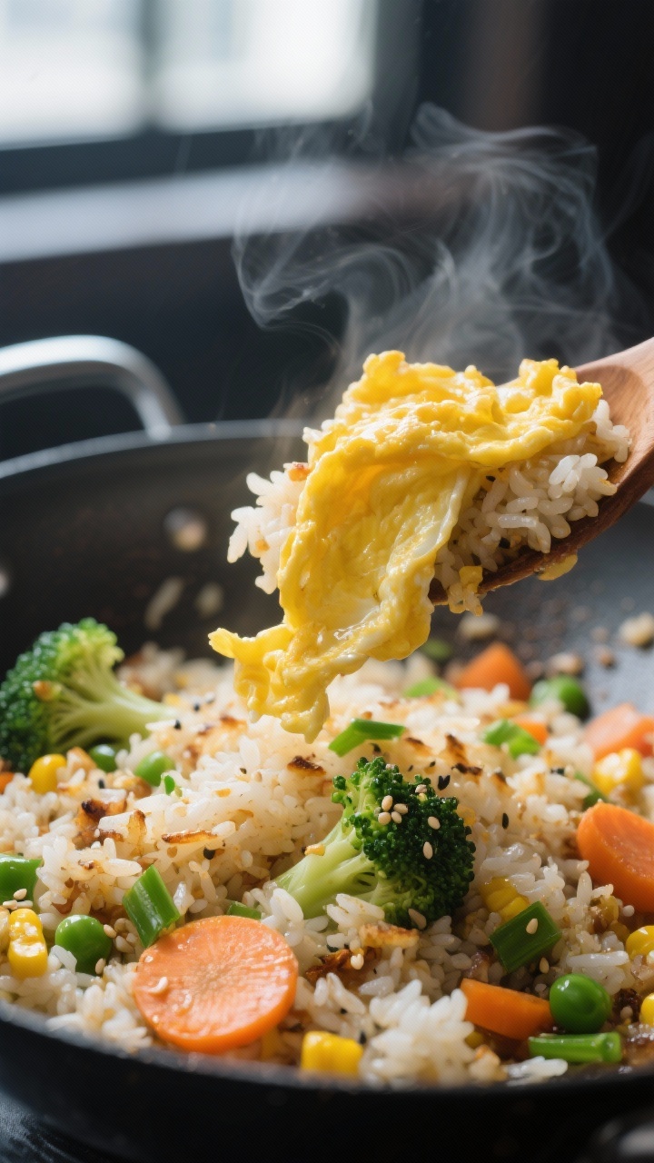 Close-up detail: Silky scrambled egg ribbons being folded back into sizzling leftover veggie fried r