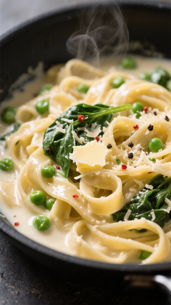 Close-up detail: Silky skillet revival of leftover fettuccine Alfredo being tossed in a matte black 