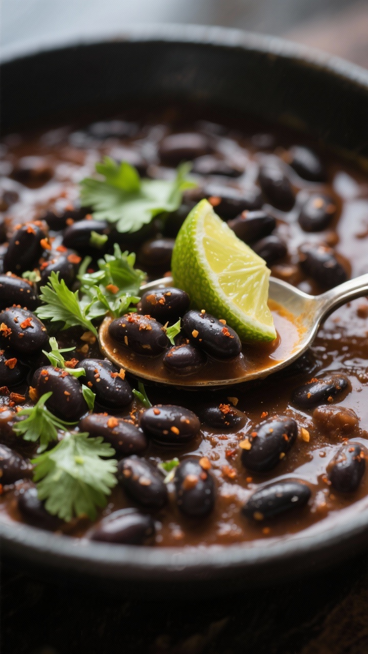 Close-up detail: Simmered black beans in a rich, slightly thickened sauce, flecks of cumin and papri