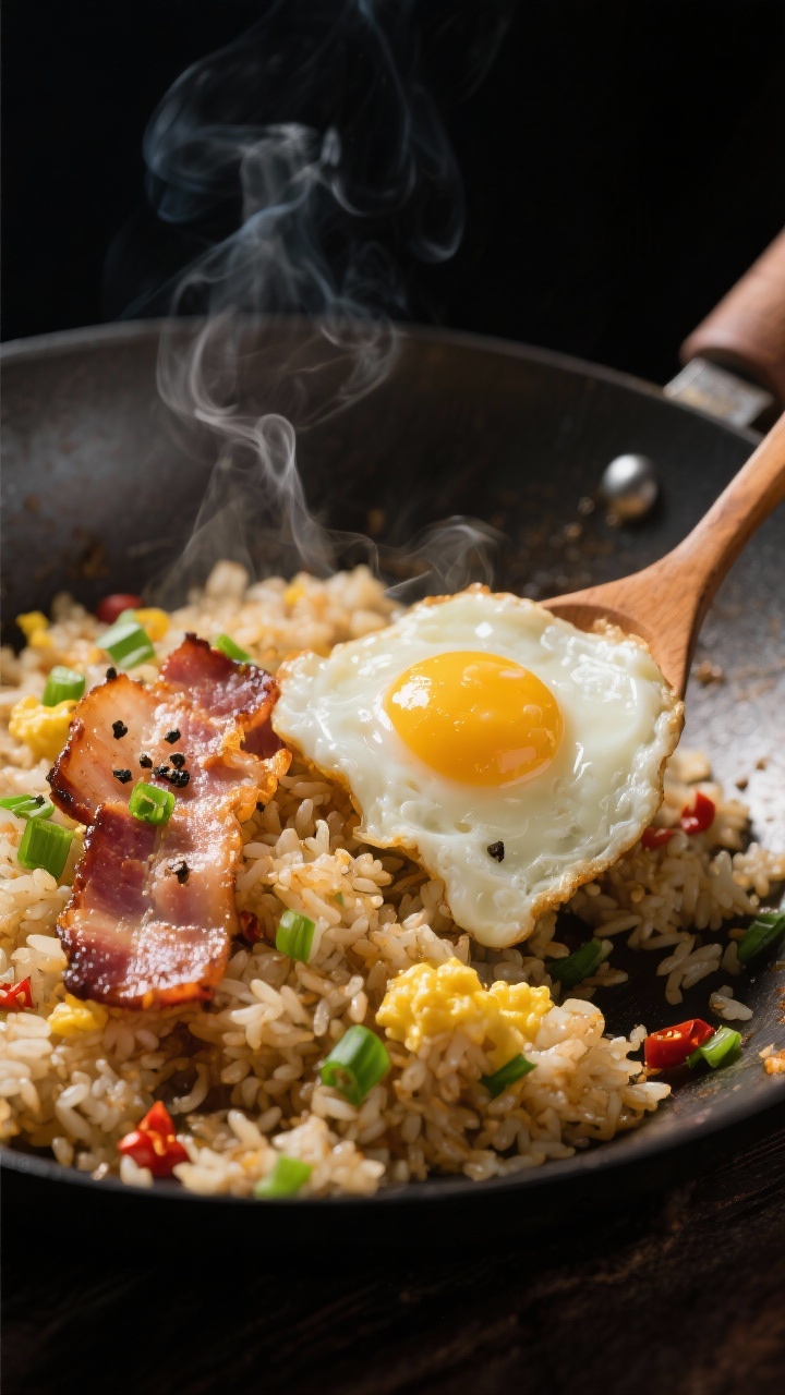 Close-up detail: Sizzling bacon and fluffy soft-scrambled egg curds being folded back into glossy fr