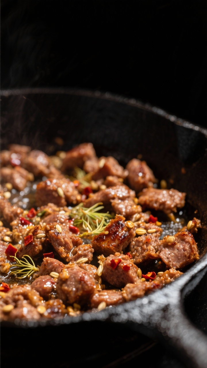 Close-up detail: Sizzling browned Italian sausage crumbles with fennel seeds in a black cast-iron sk
