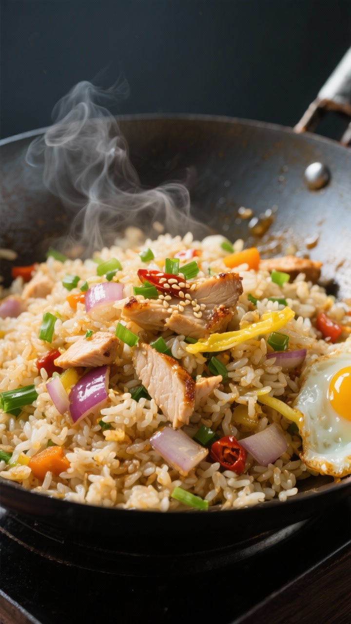 Close-up detail: Sizzling chicken fried rice finishing in a wok — glossy grains of cold rice with 