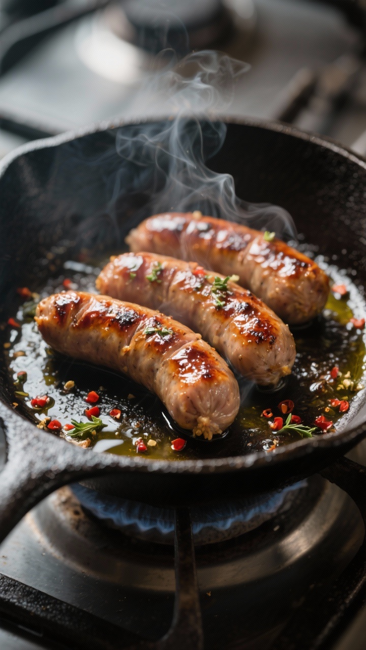 Close-up detail: Sizzling Italian chicken sausage browning in a cast-iron skillet, glistening in oli