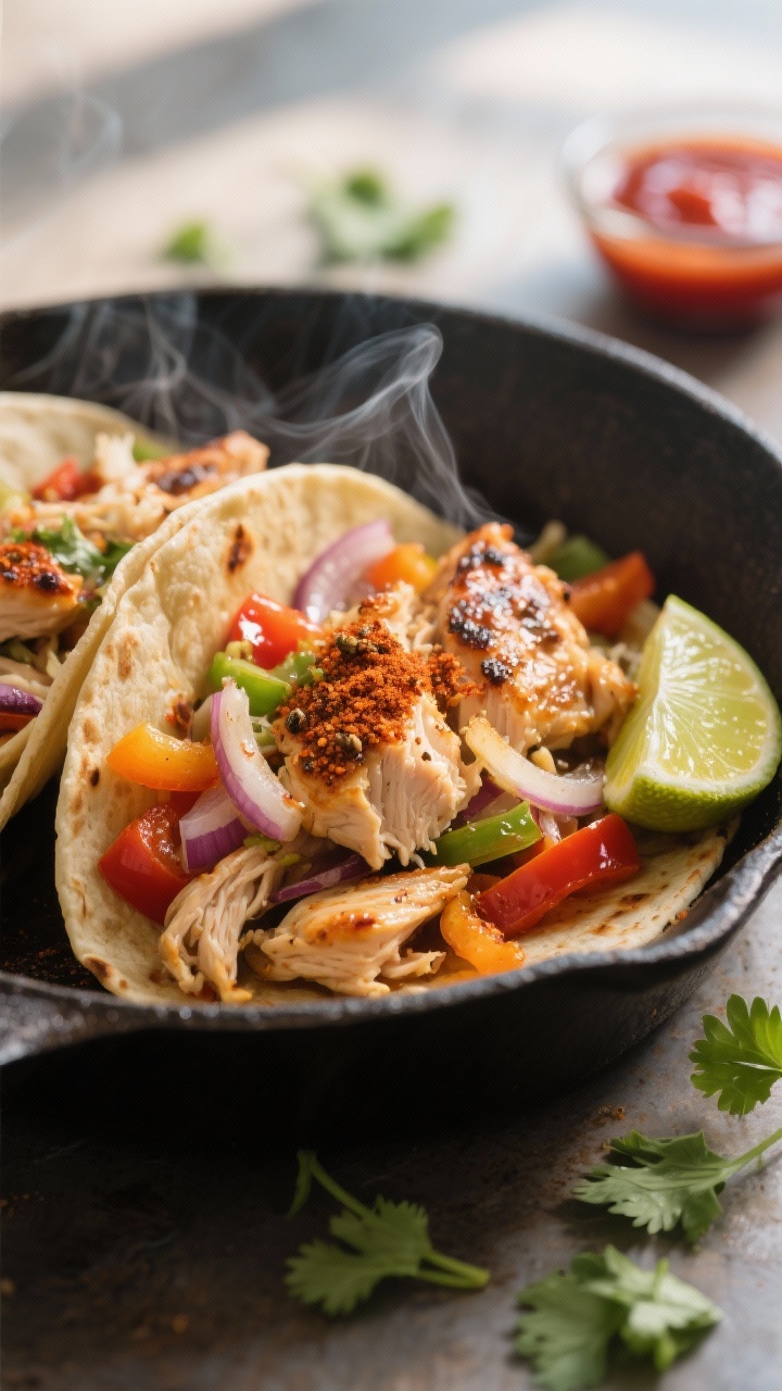 Close-up detail: Sizzling loaded chicken tacos in a hot skillet showing sautéed onions and bell pep